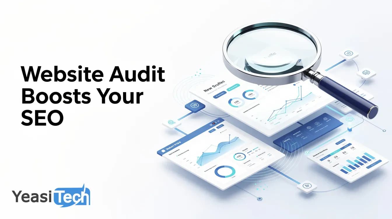 3D isometric magnifying glass over analytics dashboard with blue accents and data visualization elements